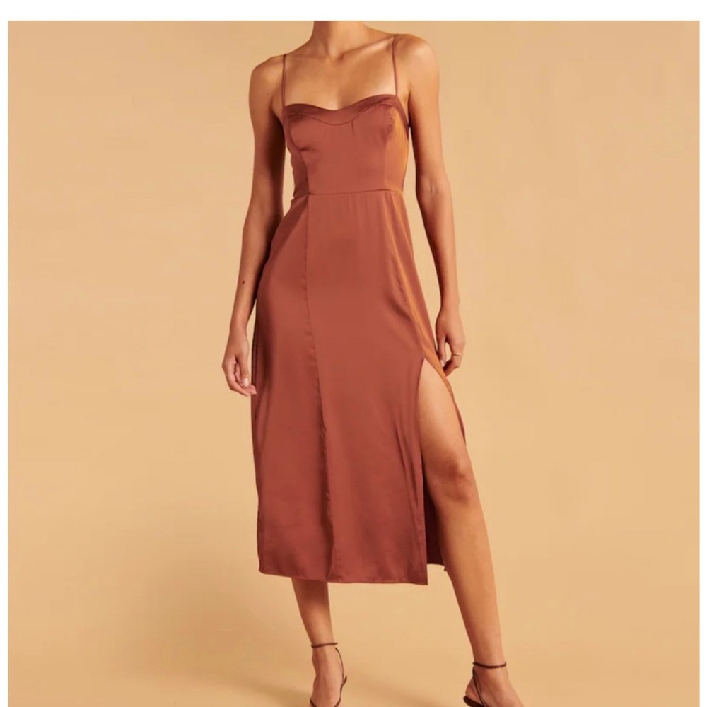 Abercrombie & Fitch Satin Midi Dress Rust Copper Cocktail Slit Smocked MT